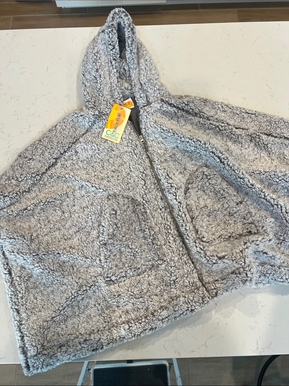 C&C California  Gray Sherpa Hooded Cape Jacket